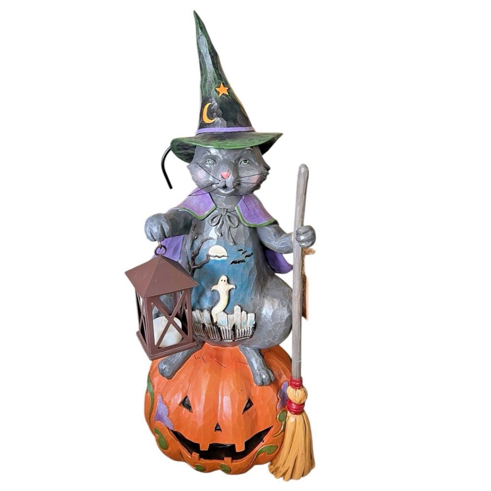 Jim Shore Halloween ~ 21" Black Cat on Pumpkin with Lighted Lantern 6005917